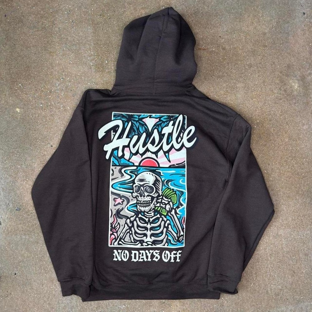 Gildan Hustle No Days Off Skull Graphic Hoodie Mens Medium Brown Streetwear
